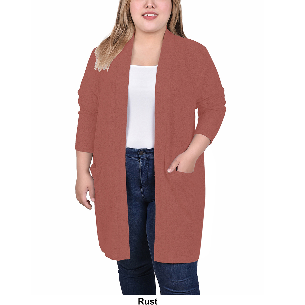 Plus Size NY Collection Long Sleeve Brushed Solid Long Cardigan