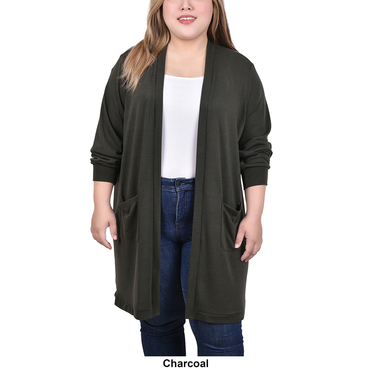 Plus Size NY Collection Long Sleeve Brushed Solid Long Cardigan