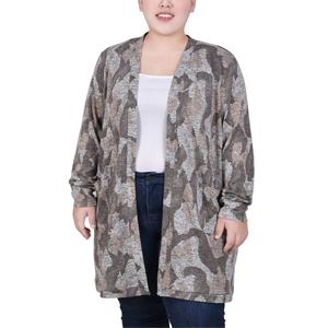 Plus Size NY Collection Long Sleeve Camo Cardigan w/Pock