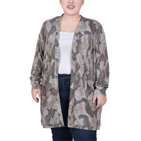Plus Size NY Collection Long Sleeve Camo Cardigan w/Pock