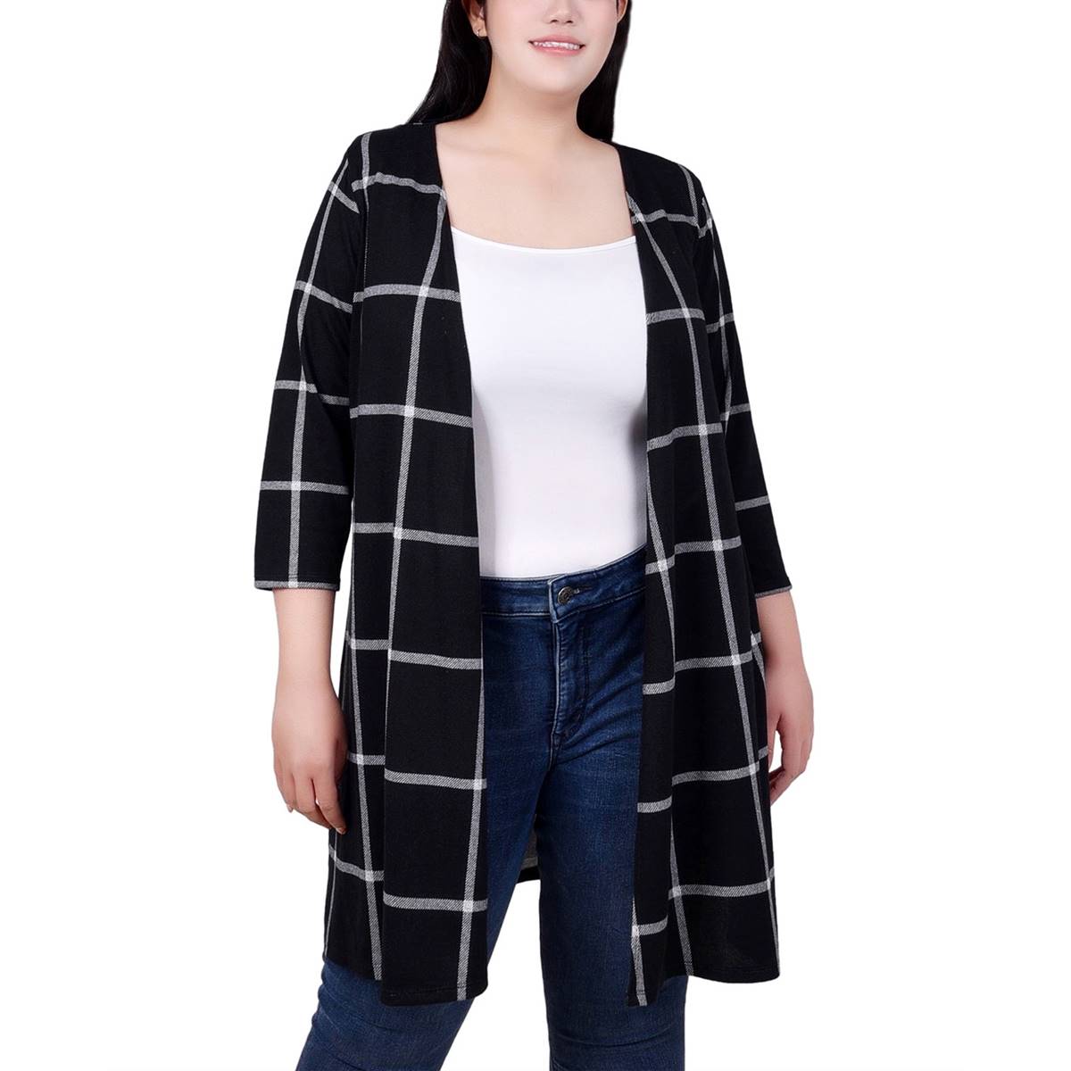 Plus Size NY Collection Long Sleeve Checkered Long Hacci Cardigan