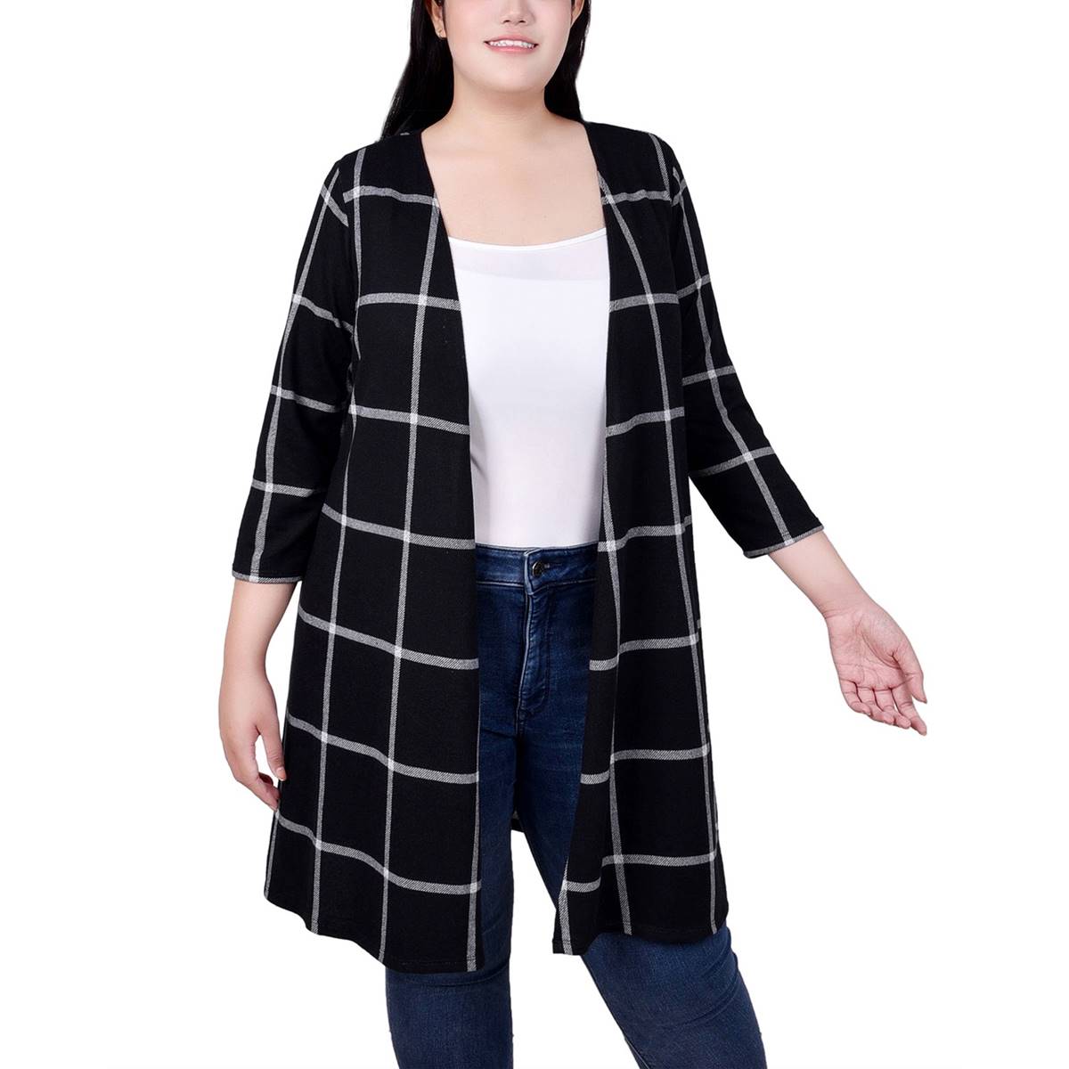 Plus Size NY Collection Long Sleeve Checkered Long Hacci Cardigan