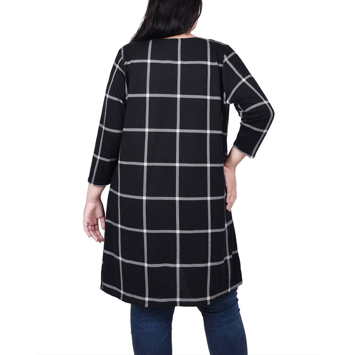 Plus Size NY Collection Long Sleeve Checkered Long Hacci Cardigan