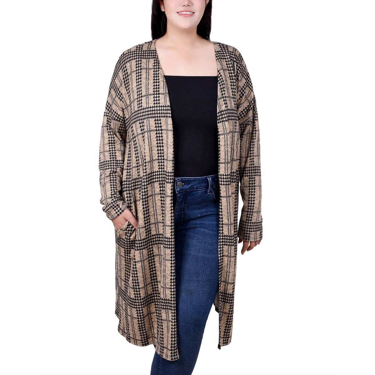 Plus Size NY Collection 3/4 Sleeve Houndstooth Long Cardigan