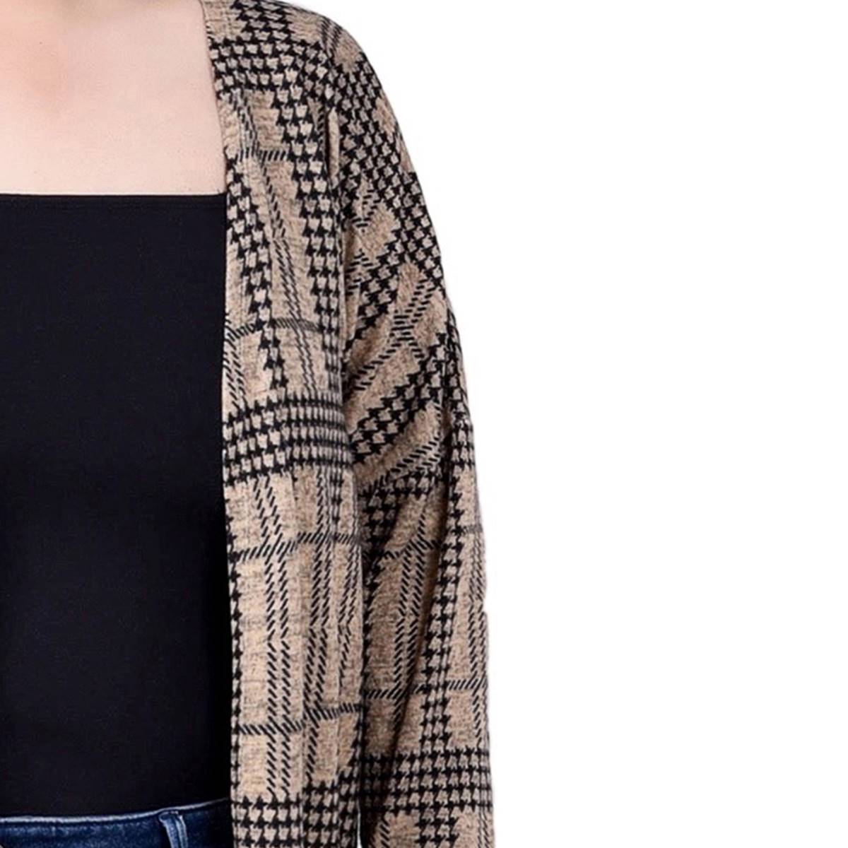 Plus Size NY Collection 3/4 Sleeve Houndstooth Long Cardigan