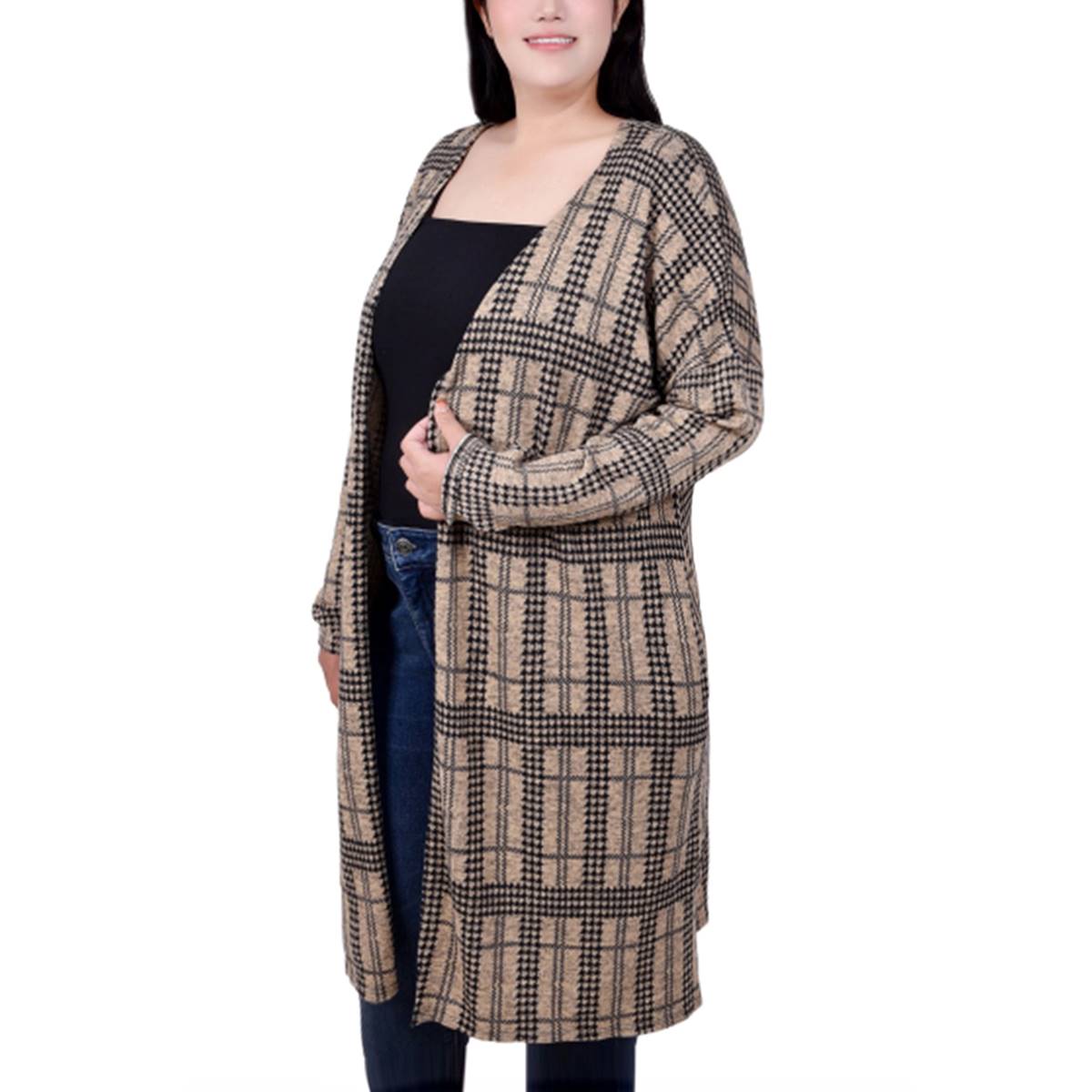 Plus Size NY Collection 3/4 Sleeve Houndstooth Long Cardigan