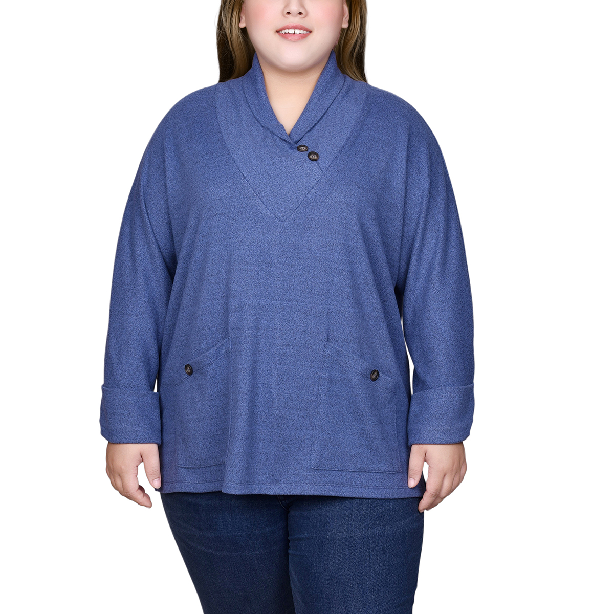 Plus Size NY Collection Solid Shawl Collar Deco Buttons Sweater