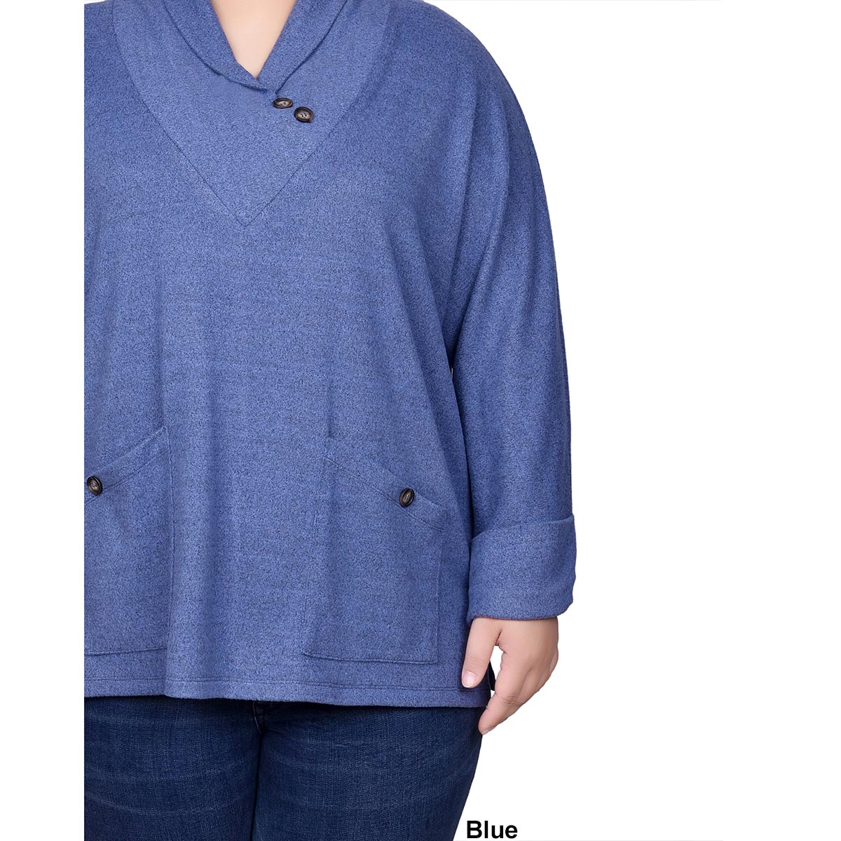 Plus Size NY Collection Solid Shawl Collar Deco Buttons Sweater