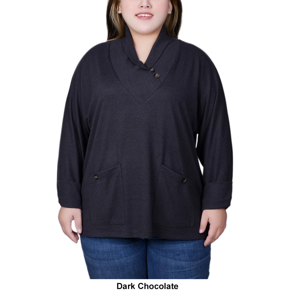 Plus Size NY Collection Solid Shawl Collar Deco Buttons Sweater