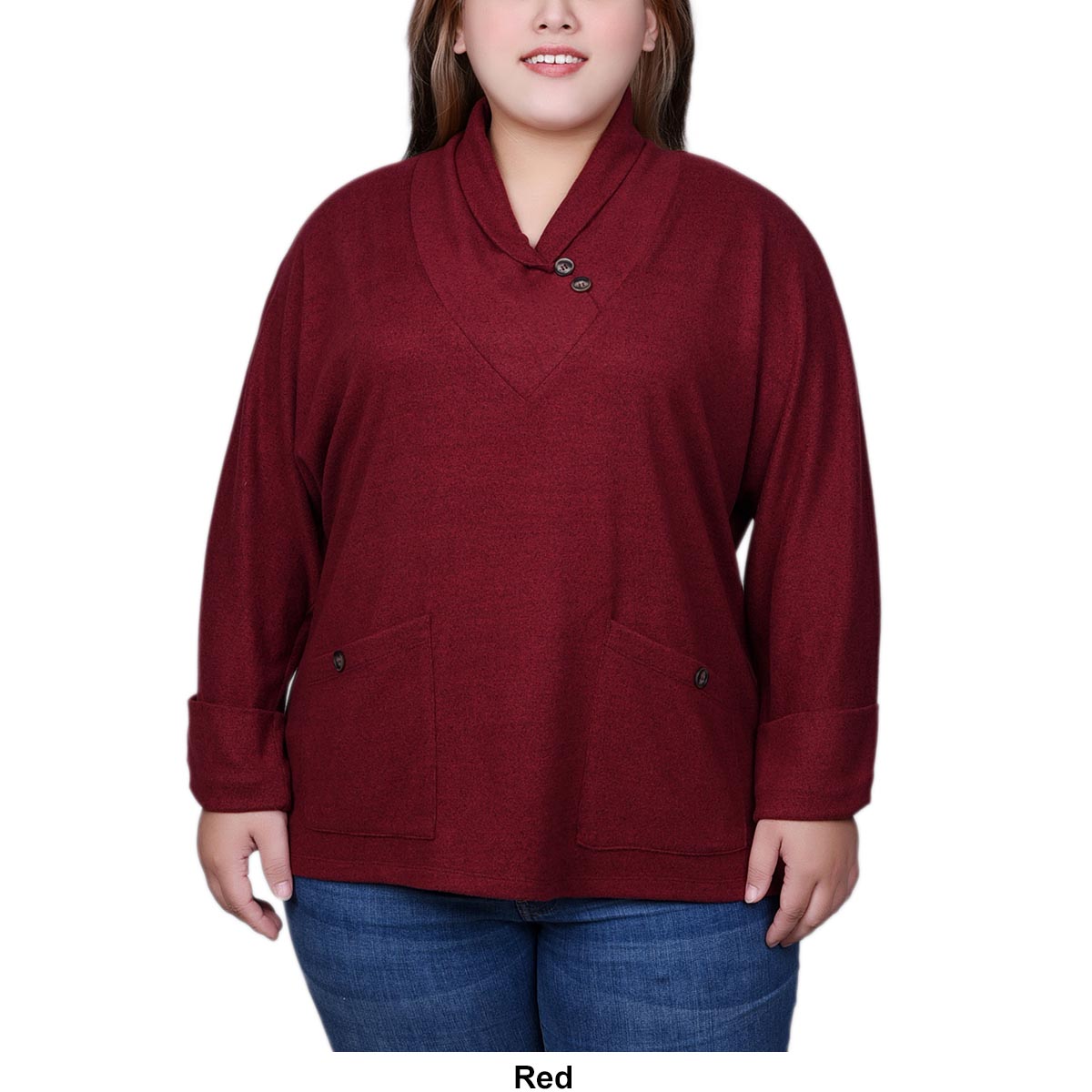 Plus Size NY Collection Solid Shawl Collar Deco Buttons Sweater