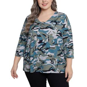 Plus Size NY Collection 3/4 Sleeve Abstract O-Ring V Neck Blouse