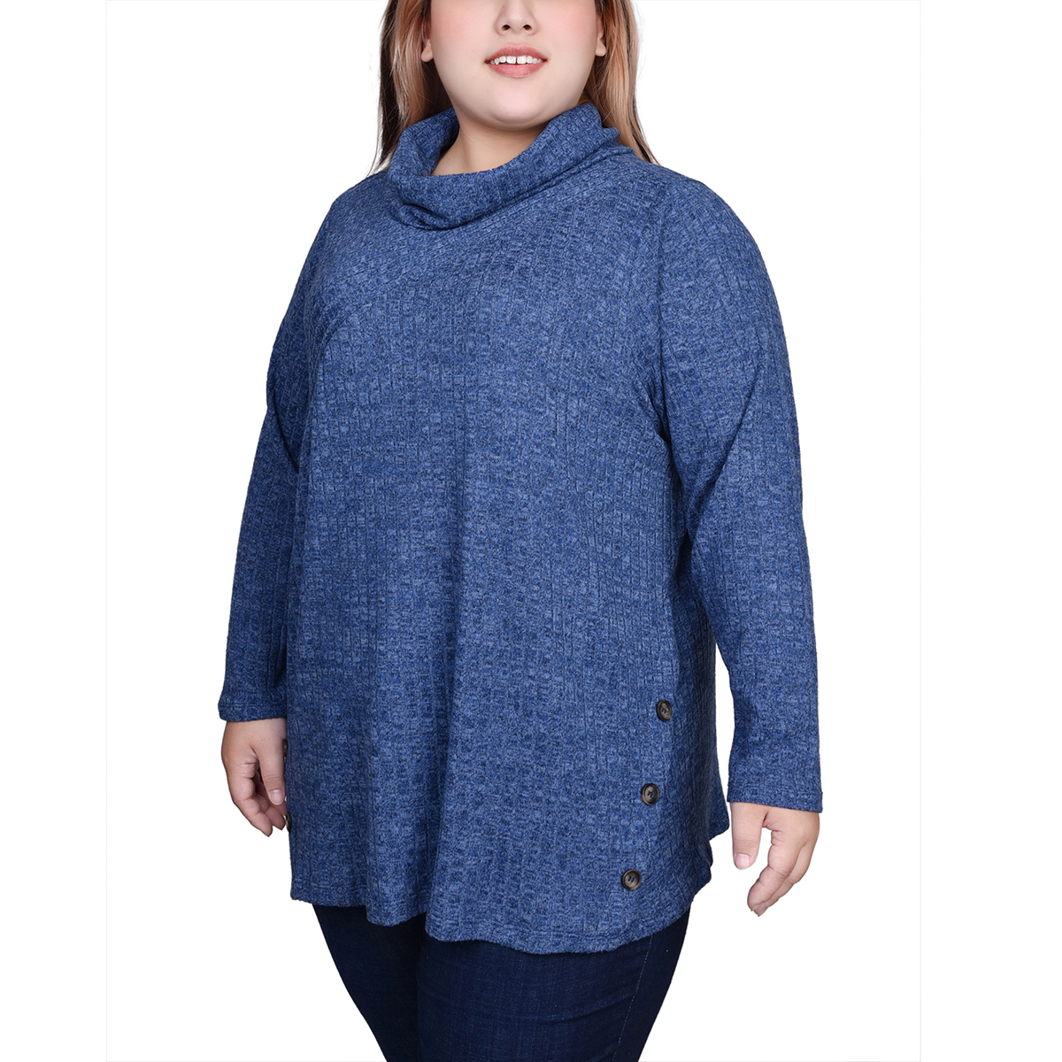 Plus Size NY Collection Rib Cowl Neck Deco Button Hem Sweater