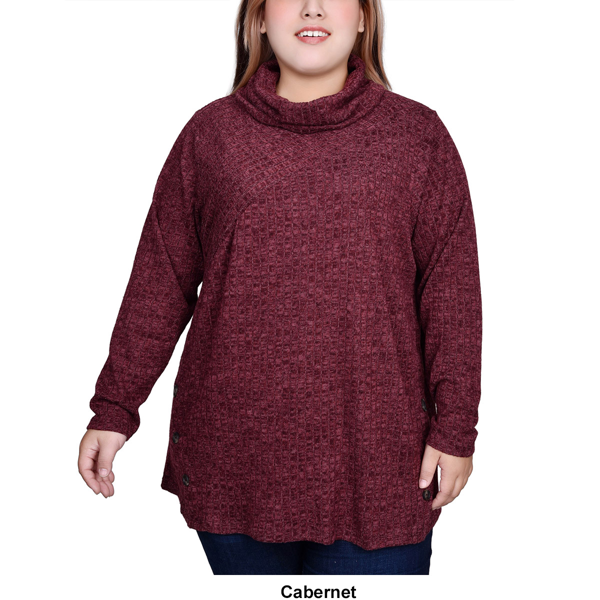 Plus Size NY Collection Rib Cowl Neck Deco Button Hem Sweater