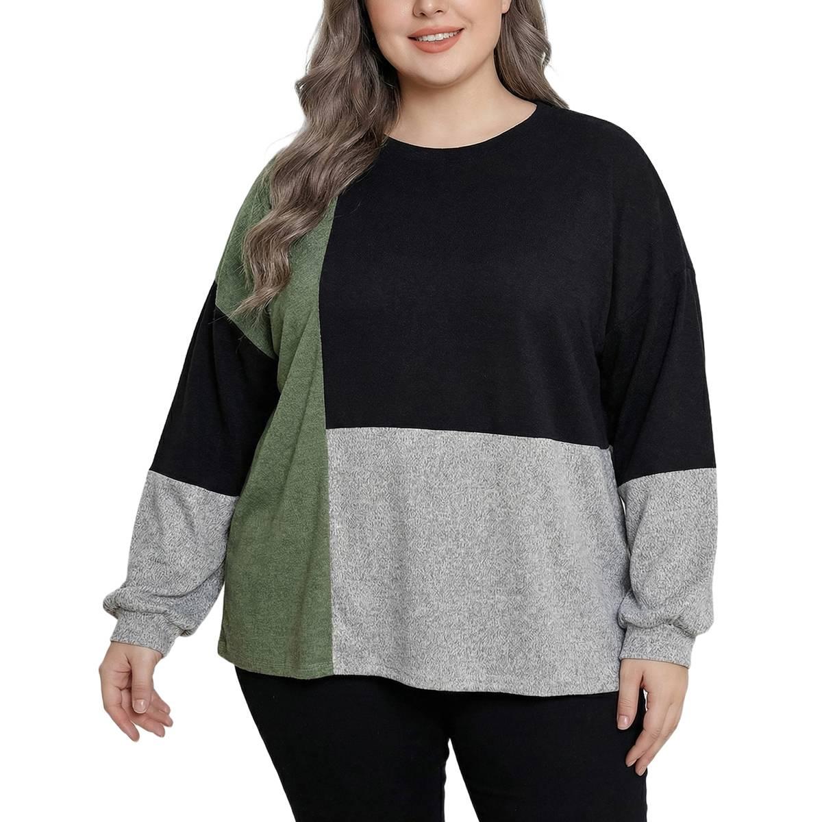 Plus Size NY Collection Long Sleeve Color Block Hacci Sweater