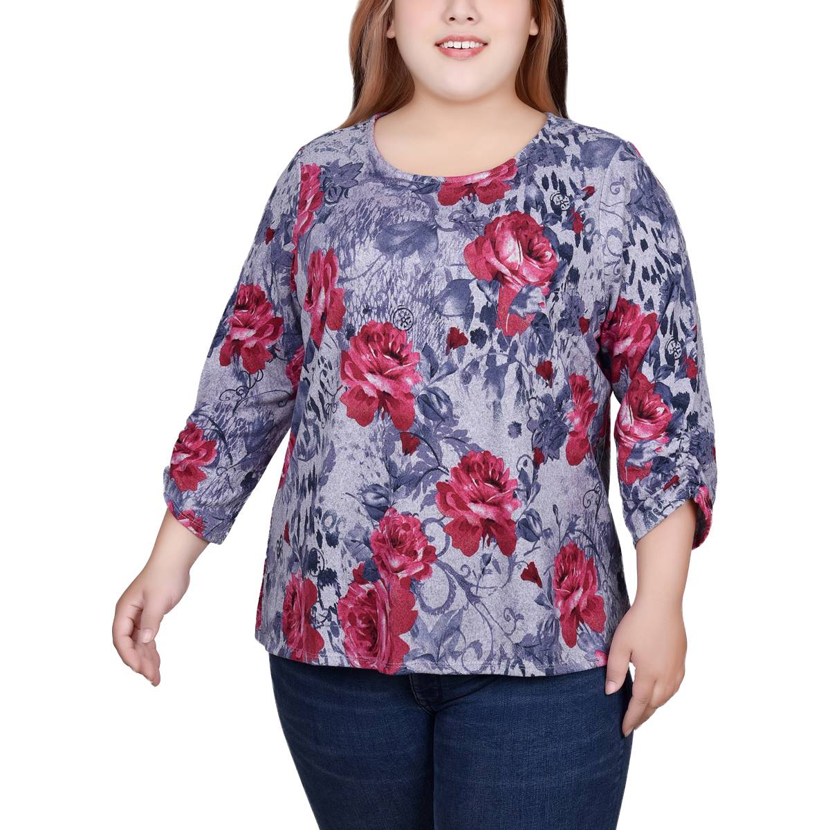 Plus Size NY Collection Ruched Sleeve Floral Brushed Blouse