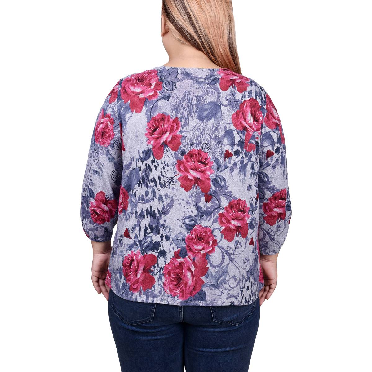 Plus Size NY Collection Ruched Sleeve Floral Brushed Blouse