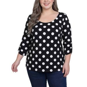 Plus Size NY Collection 3/4 Ruch Sleeve Dot Hacci Blouse