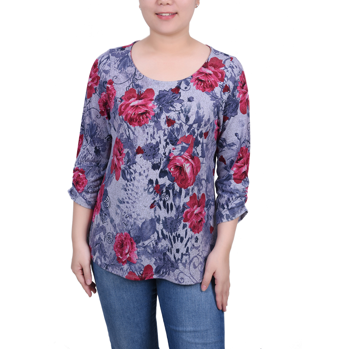 Womens NY Collection 3/4 Ruch Sleeve Floral Blouse