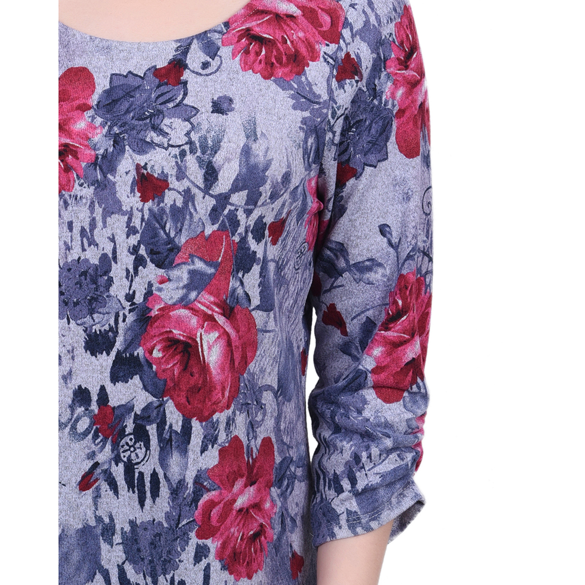 Womens NY Collection 3/4 Ruch Sleeve Floral Blouse