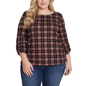 Plus Size NY Collection 3/4 Ruch Sleeve Plaid Blouse