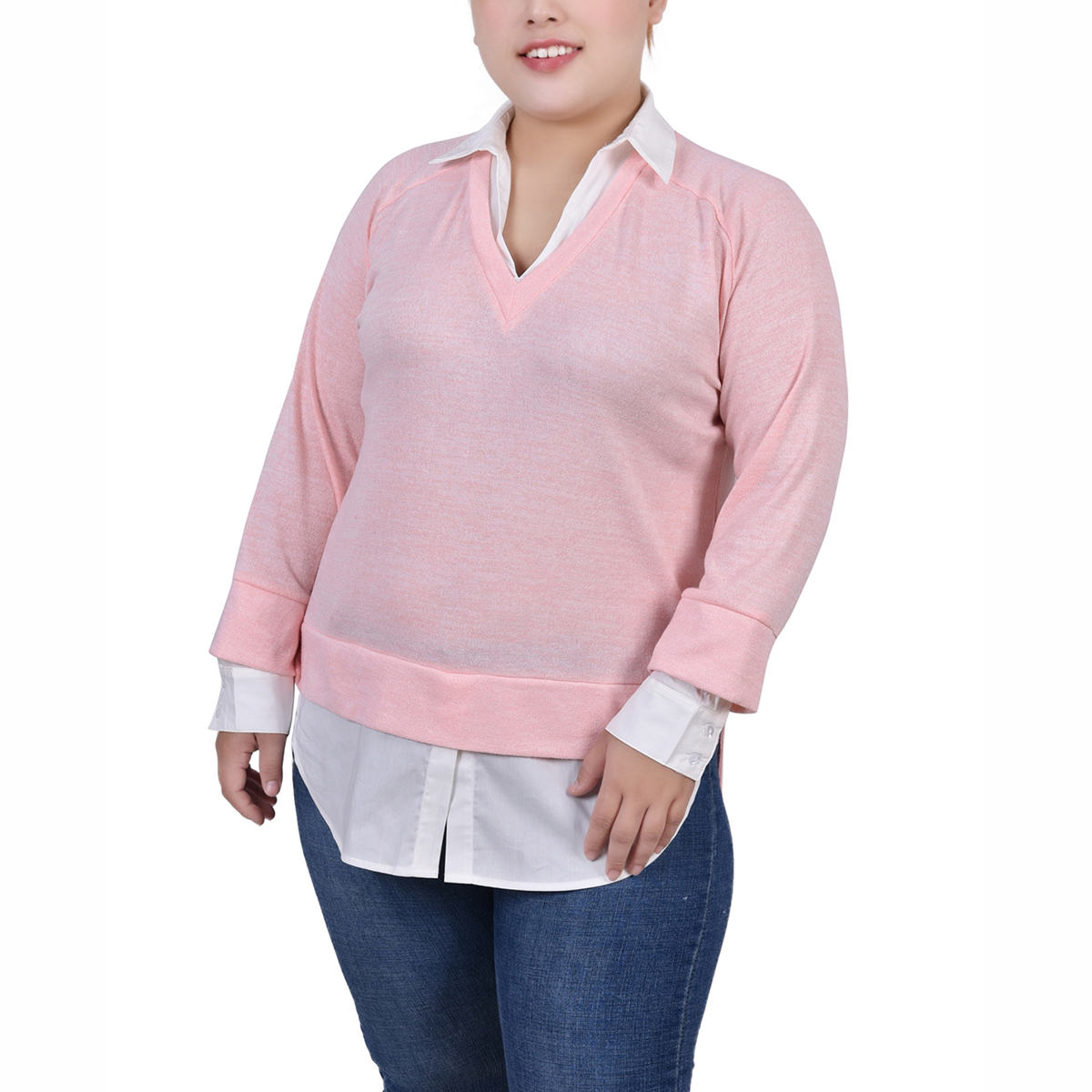 Plus Size NY Collection Long Sleeve 2Fer Tunic With Collar