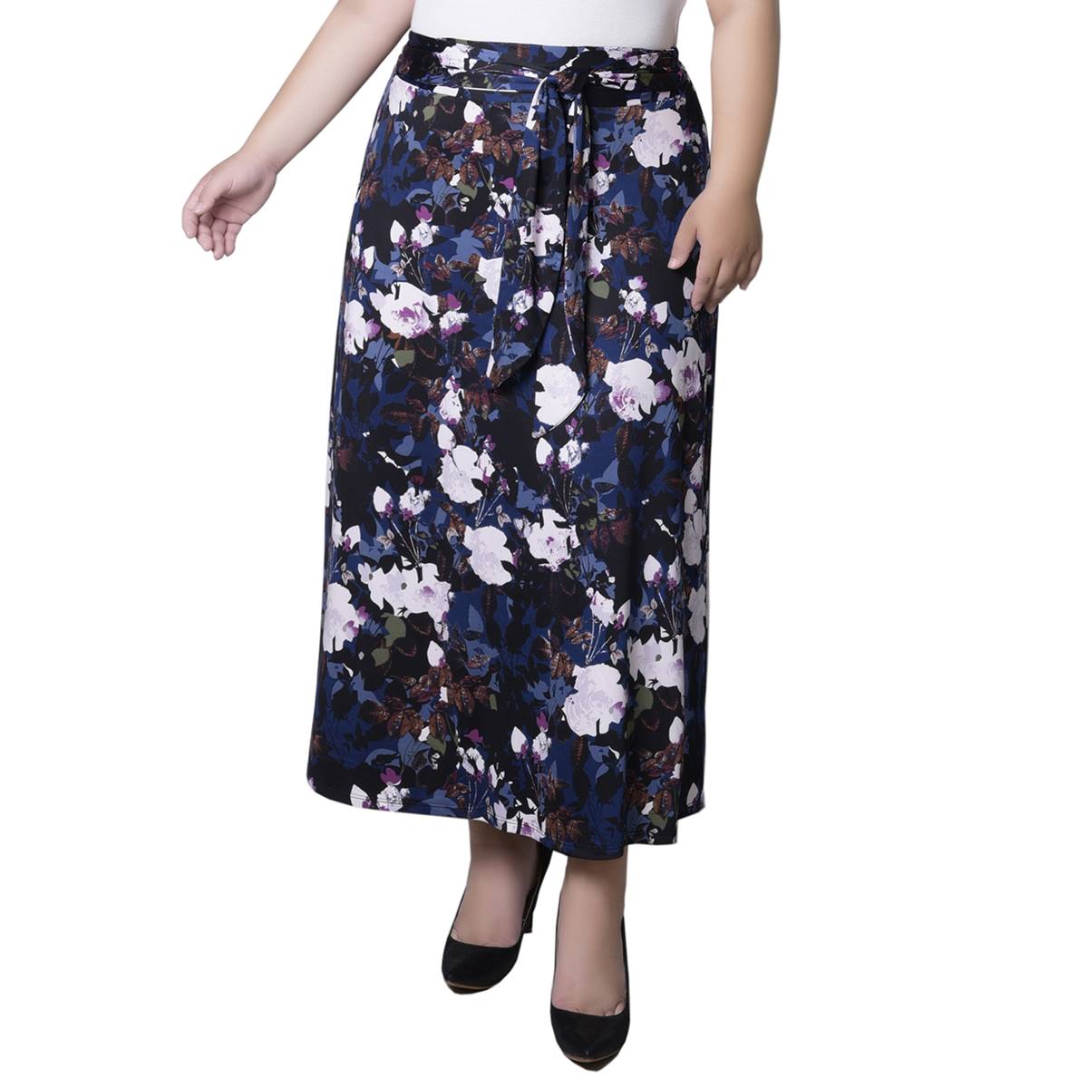 Plus Size NY Collection Pull On Tie Waist Floral Skirt