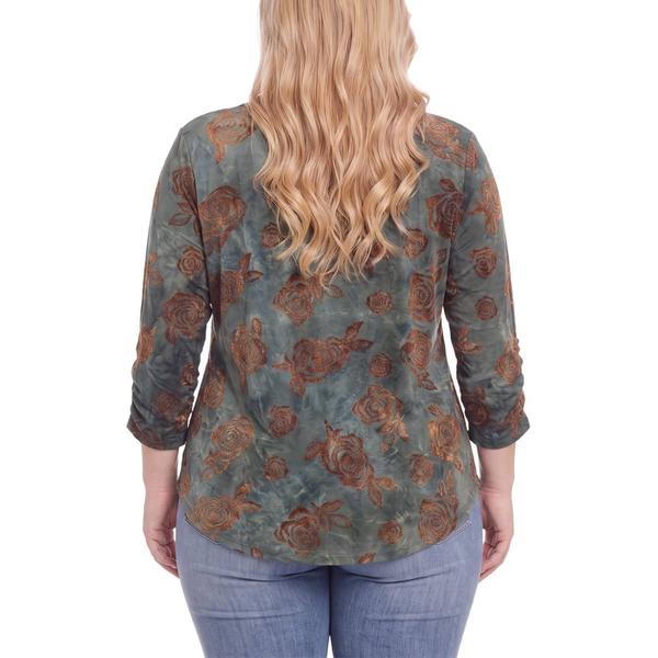 Plus Size NY Collection 3/4 Ruch Sleeve Brown Floral Blouse alternate view