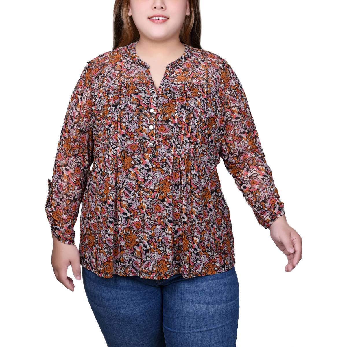 Plus Size NY Collection 3/4 Sleeve Mesh Pleated Floral Blouse