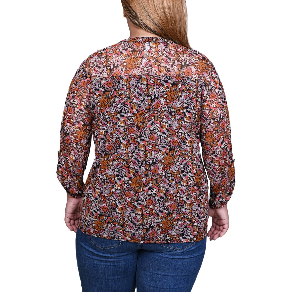 Plus Size NY Collection 3/4 Sleeve Mesh Pleated Floral Blouse