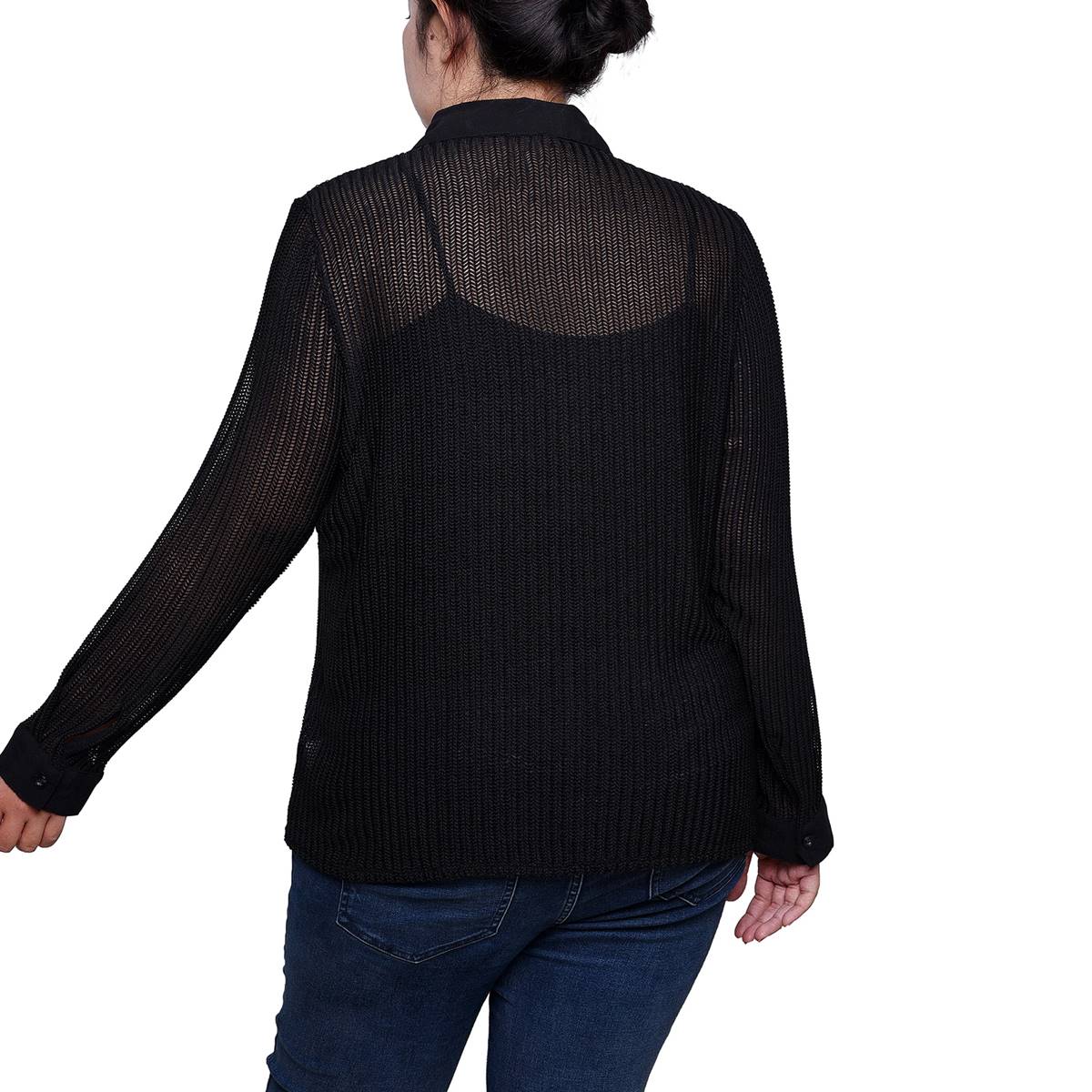 Plus Size NY Collection Long Sleeve Open Stitch Button Sweater