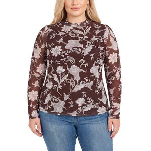 Plus Size NY Collection Long Sleeve Mock Neck Paisley Mesh Tee