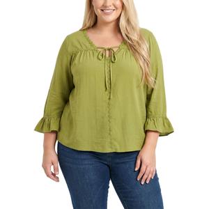 Plus Size NY Collection 3/4 Ruffle Sleeve Tie Neck Blouse