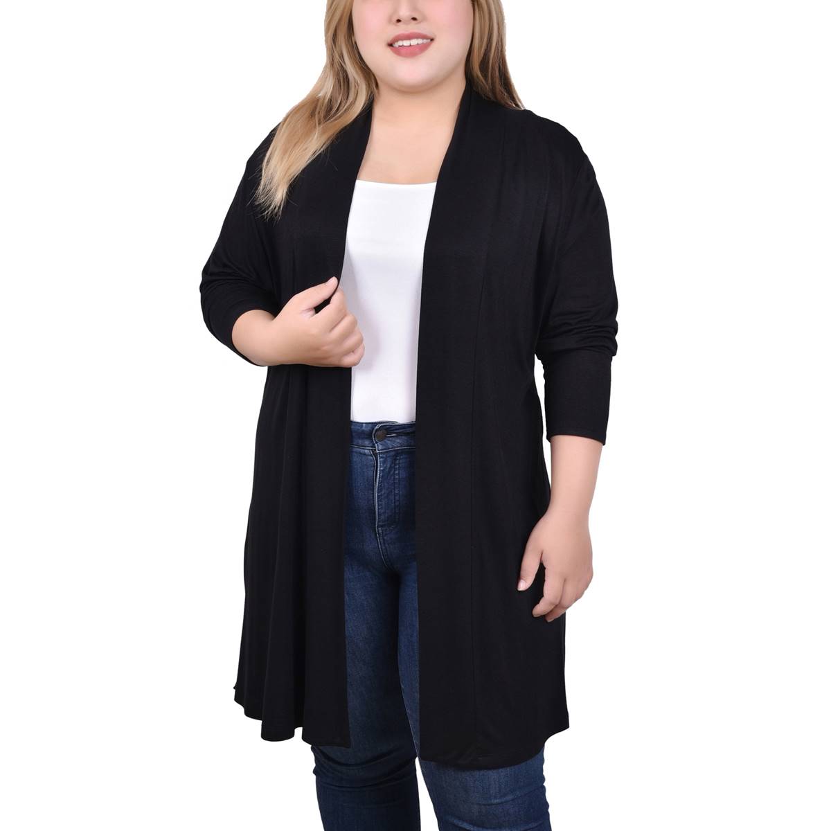 Plus Size NY Collection Solid Chiffon Hem Long Jersey Cardigan