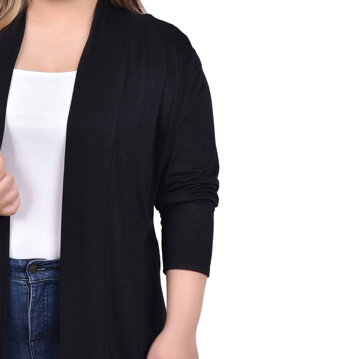 Plus Size NY Collection Solid Chiffon Hem Long Jersey Cardigan