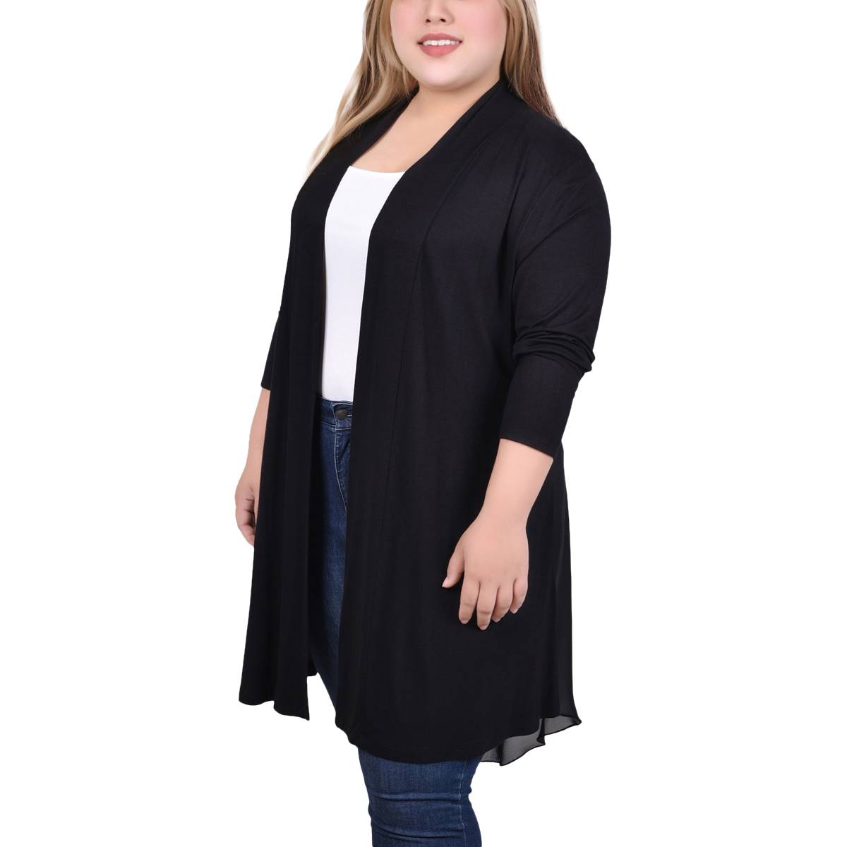 Plus Size NY Collection Solid Chiffon Hem Long Jersey Cardigan