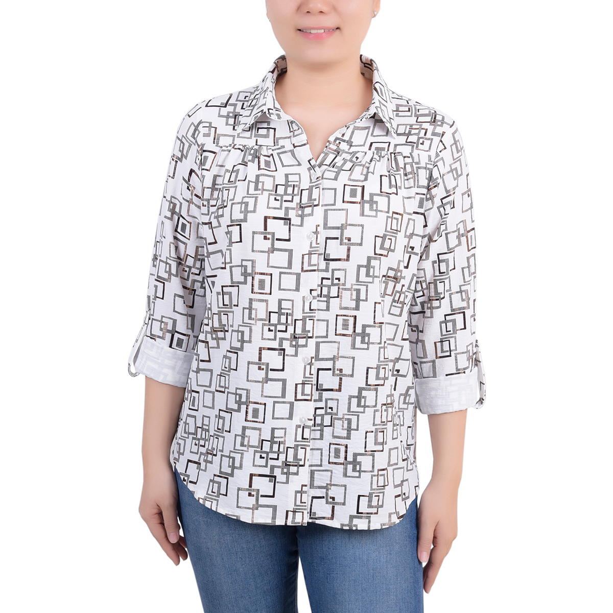 Petite NY Collection Foil Airflow Casual Button Down