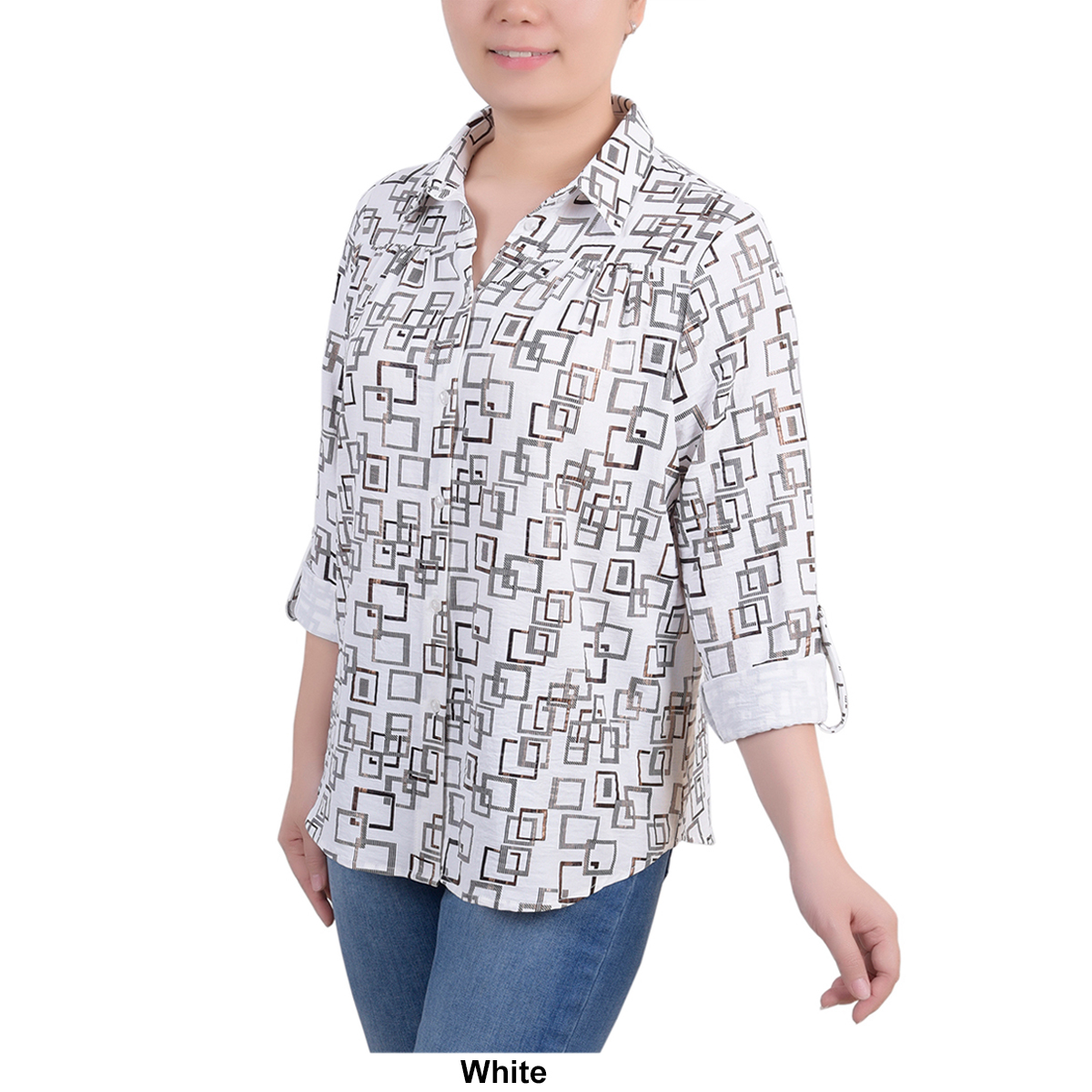 Plus Size NY Collection Foil Airflow Casual Button Down