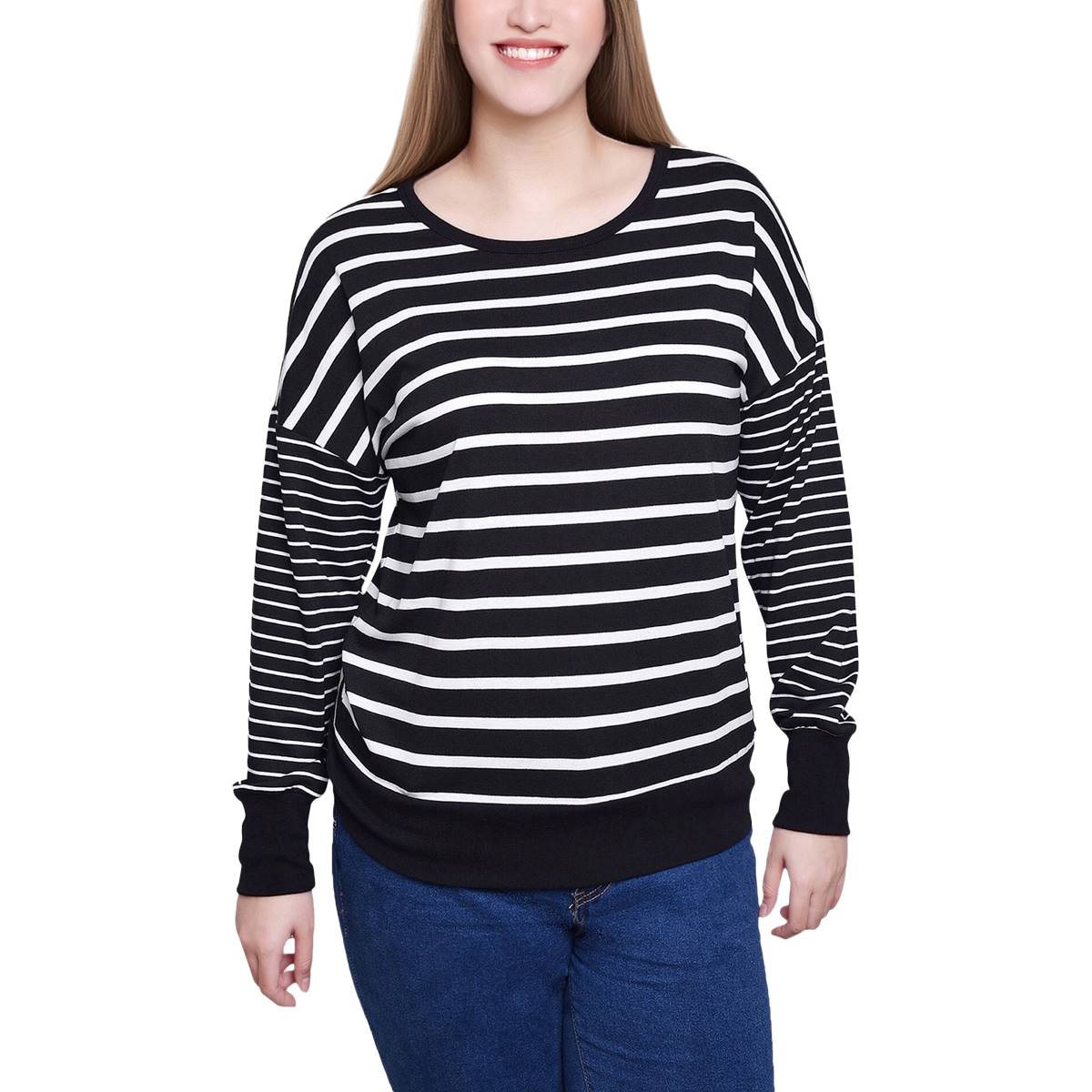 Plus Size NY Collection Long Sleeve Stripe French Terry Tee