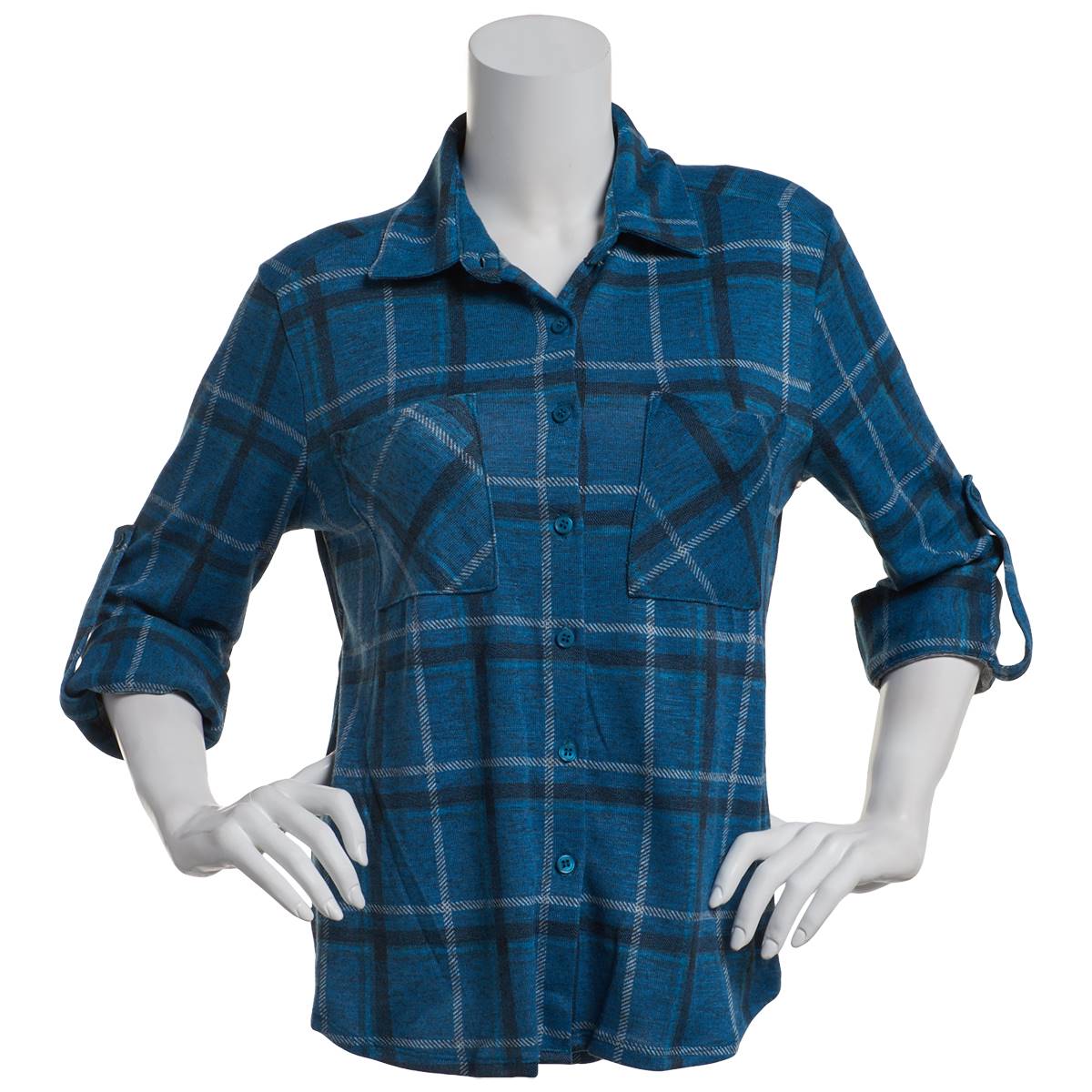 Petite NY Collection Long Sleeve Denim Plaid Casual Button Down