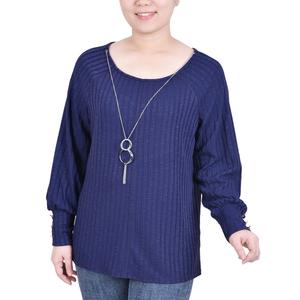 Petite NY Collection Long Sleeve Hacci Rib Scoop Neck Sweater