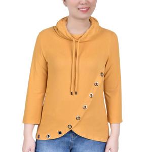 Petite NY Collection 3/4 Sleeve Cowl Neck w/Drawstring Blouse