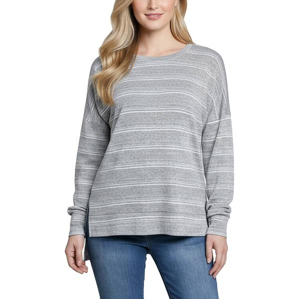 Petite NY Collection Long Sleeve Crew Neck Stripe Hacci Blouse