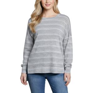 Petite NY Collection Long Sleeve Crew Neck Stripe Hacci Blouse