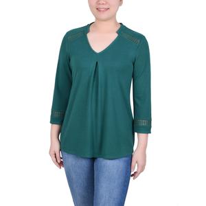 Womens NY Collection 3/4 Sleeve Split Neck Crochet Trim Blouse