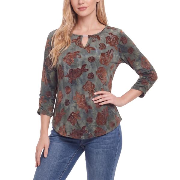 Petite NY Collection 3/4 Ruch Sleeve Brown Floral Blouse