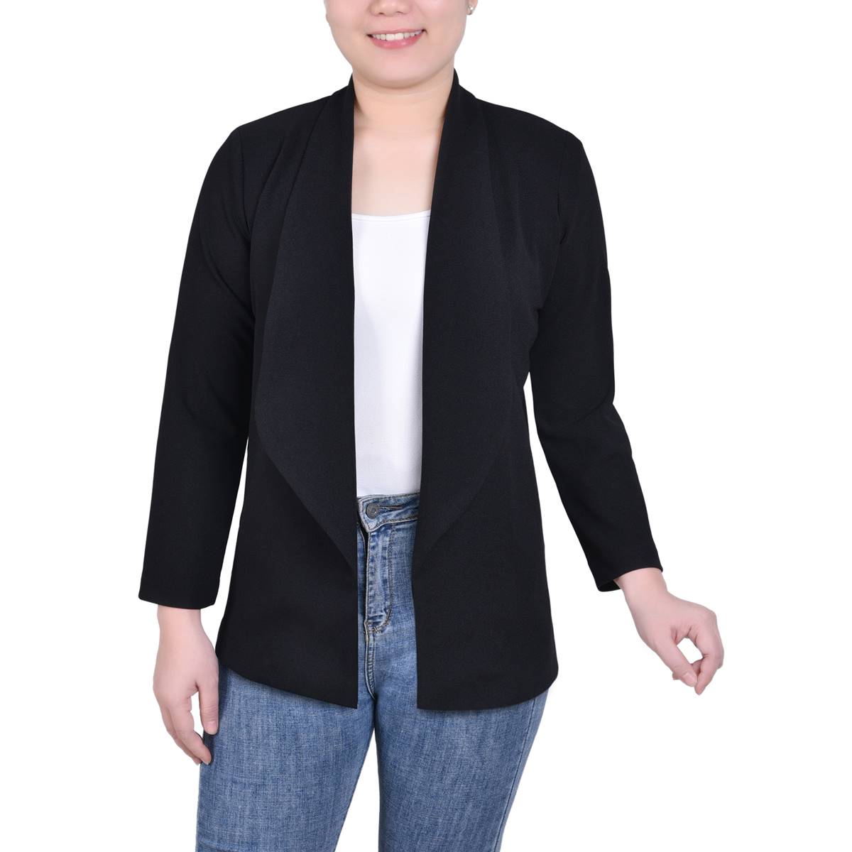 Petite NY Collection Long Sleeve Solid Shawl Collar Open Blazer