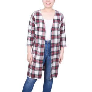 Petite NY Collection 3/4 Sleeve Plaid Brushed Cardigan