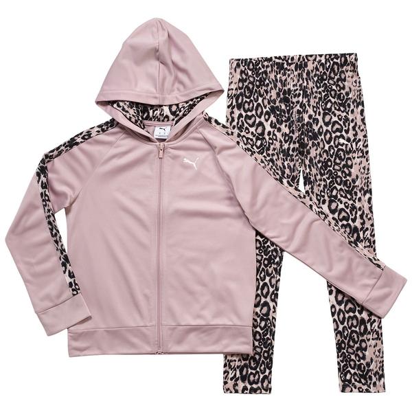 Girls (7-16) Puma(R) Zip Up Tricot Hoodie w/ Leopard Leggings