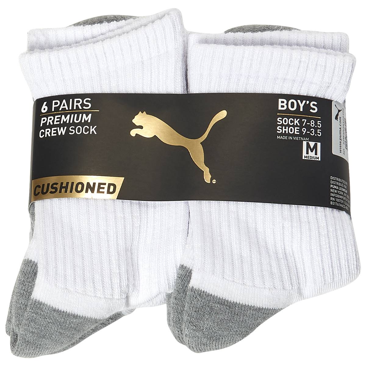 Boys Puma 6pk. Half Terry Crew Socks - White/Grey