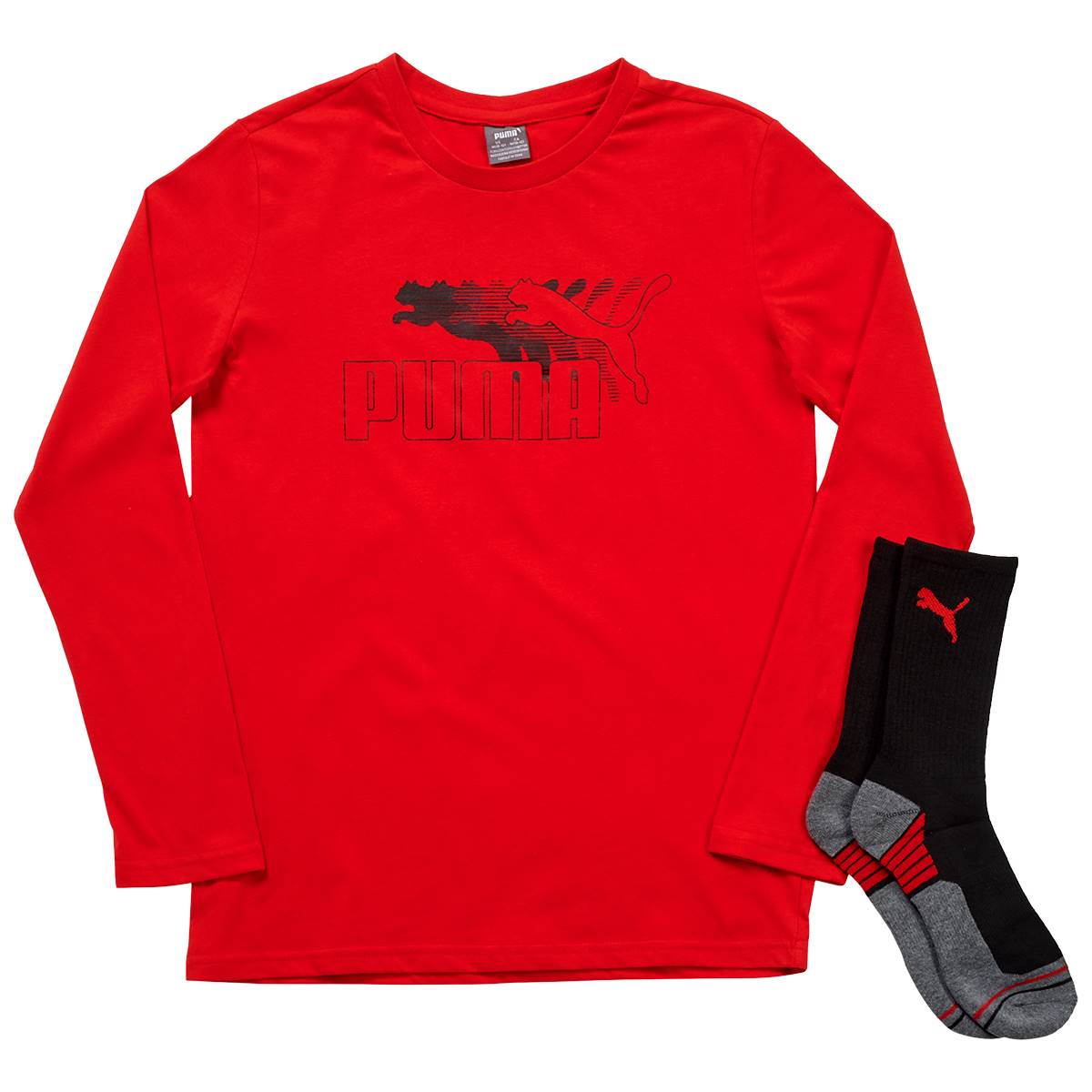 Boys (8-20) Puma(R) Long Sleeve Tee w/ Crew Socks - Medium Red